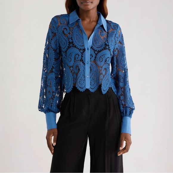 L'AGENCE Odelia Lace Crop Button-Up Shirt Loose Fit Long Sleeve Blouse Top NEW - Picture 11 of 15